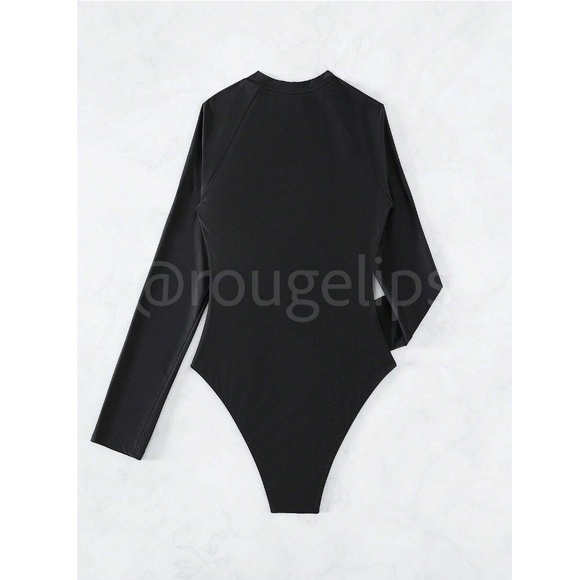 Black with Pink and Orange Piping One Piece Swimsuit Zipper Front Long Sleeve - Picture 8 of 13